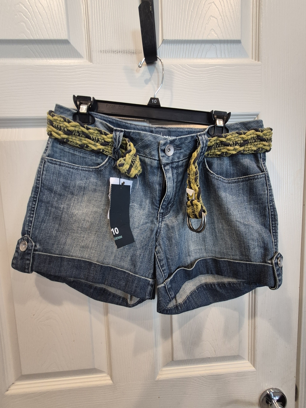 5/25 Denim Roll-Hem Shorts with Braided Yellow Accent Belt